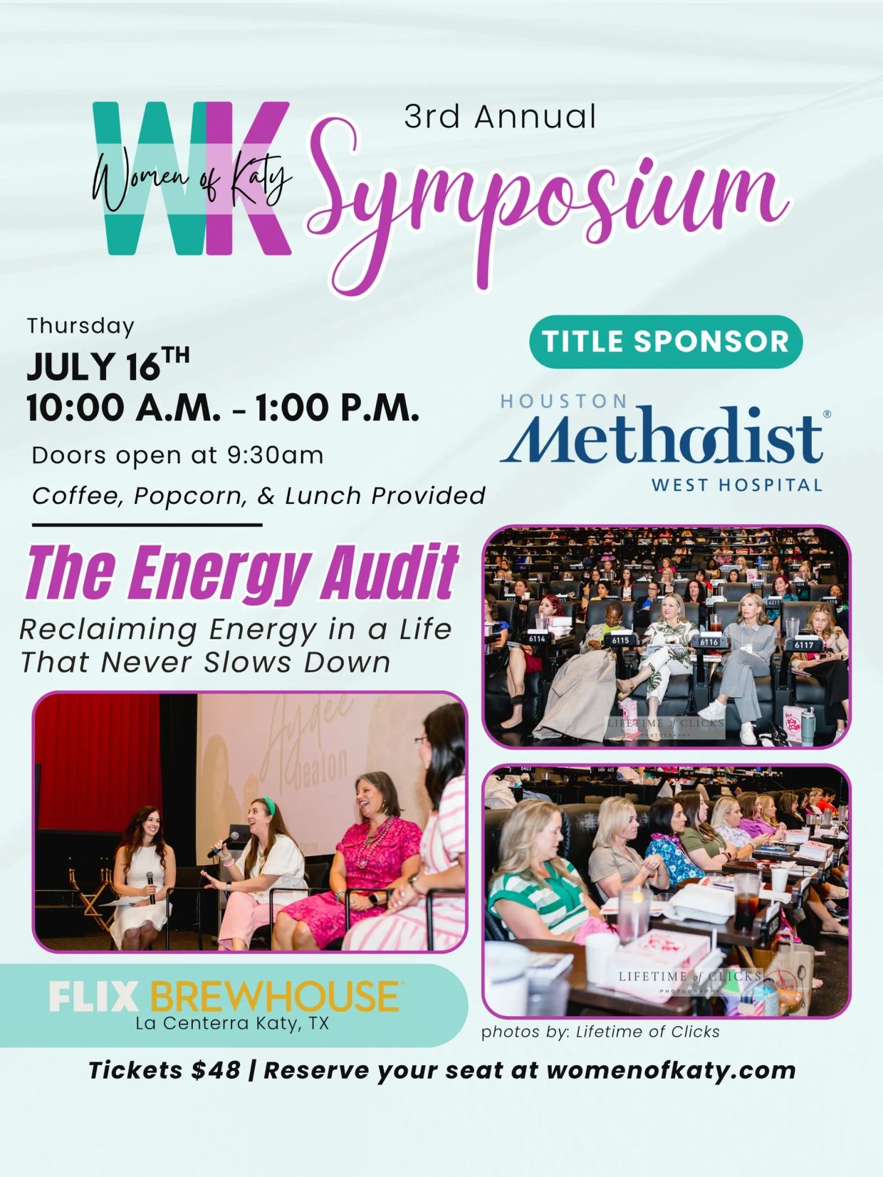 Flyer for Women of Katy 3rd Annual Symposium on July 16 with title sponsor Houston Methodist.