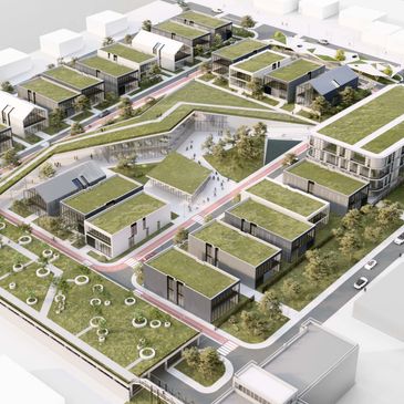 Aerial view of a modern eco-friendly building complex with green roofs.