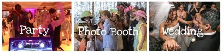 Couple dacing at wedding and guests taking picture in photo booth. 