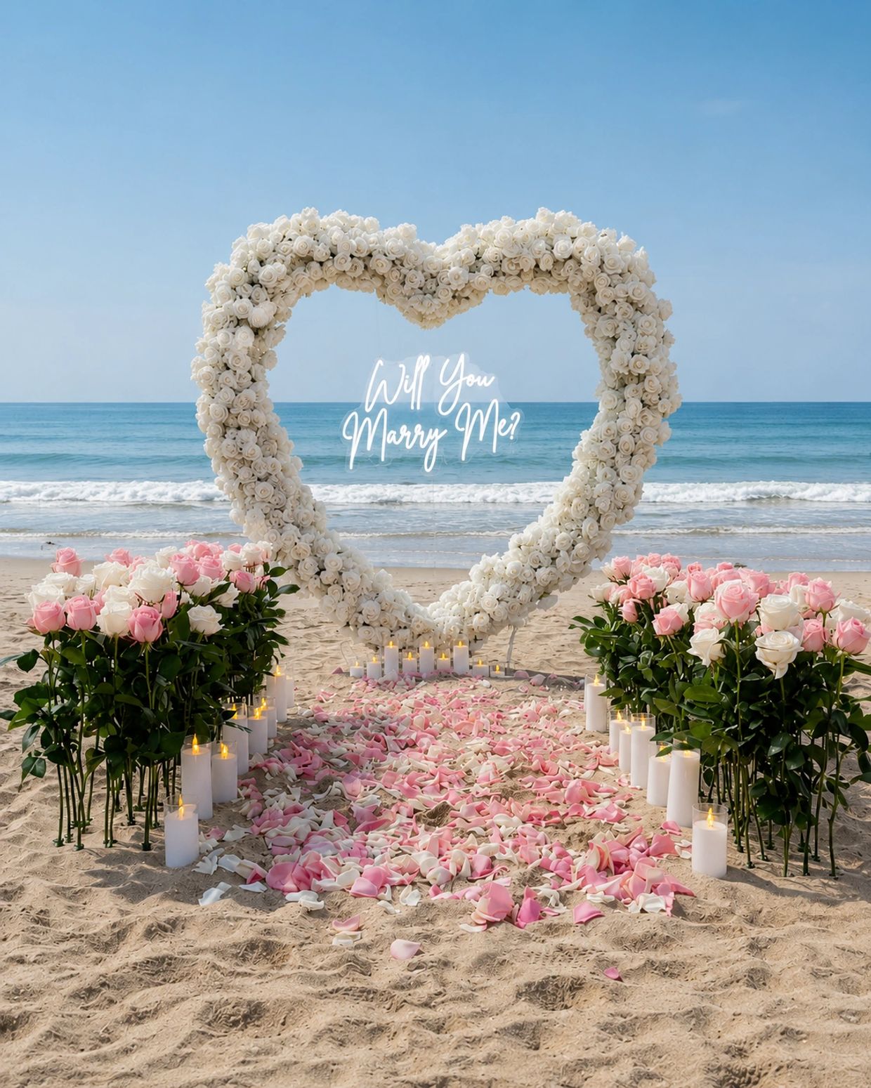Romantic beach proposal setup with flowers and candles.