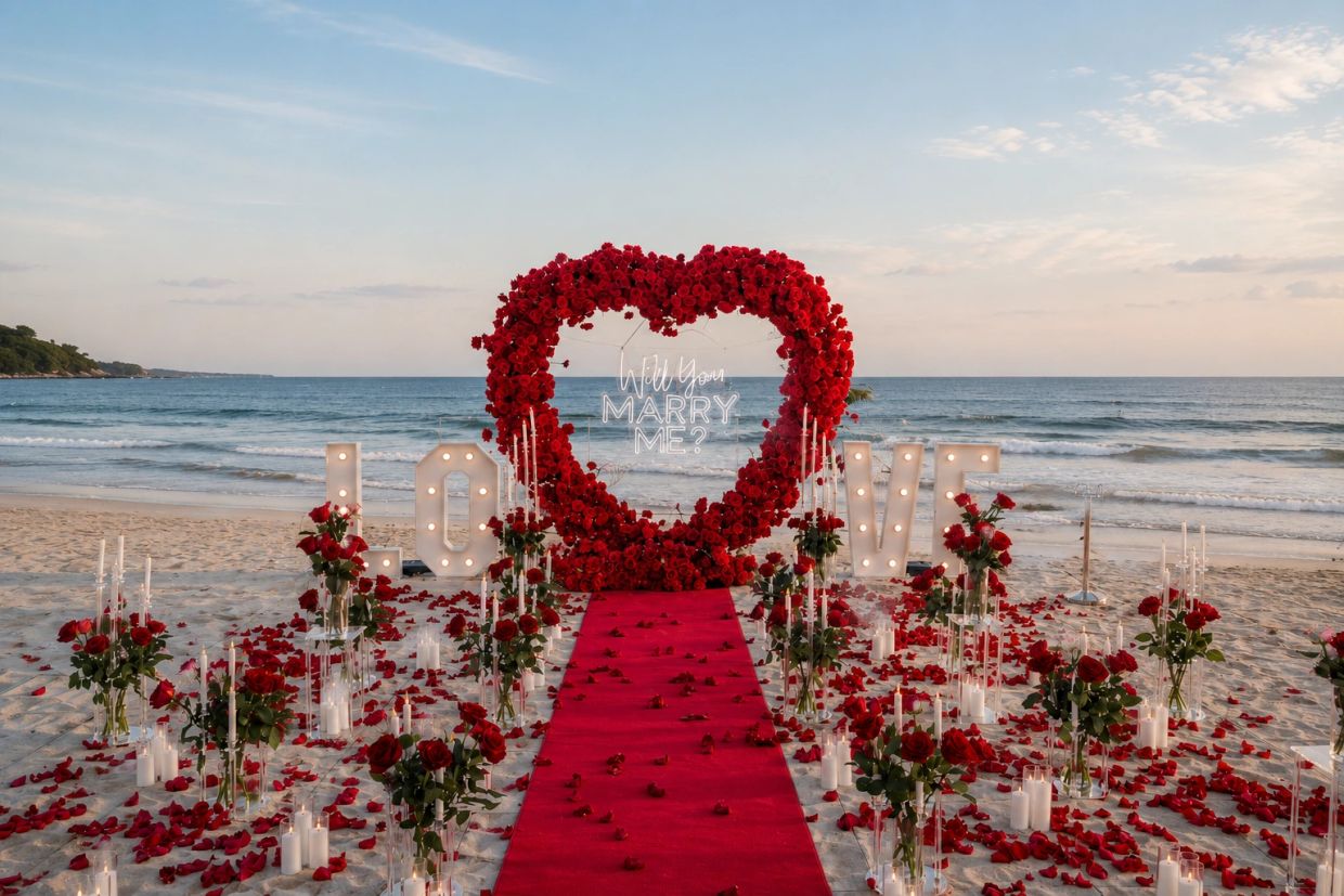 Romantic beach proposal setup with roses and lights.