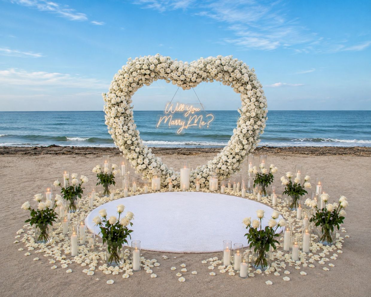 Romantic beach proposal setup with heart-shaped white flowers.
