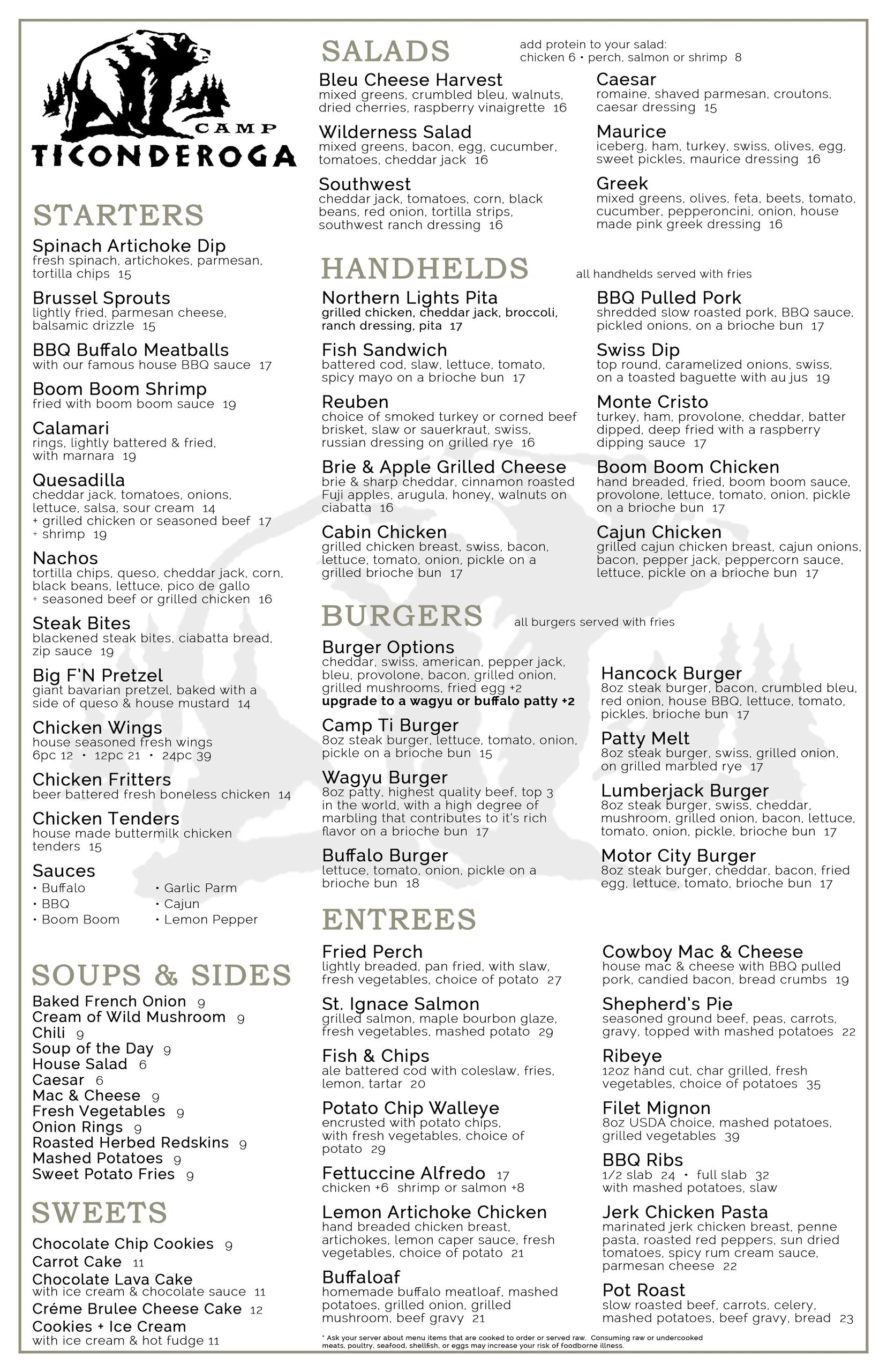 Menu with Camp Ticonderoga offerings including starters, salads, handhelds, burgers, entrees, soups &amp; sides, and sweets.