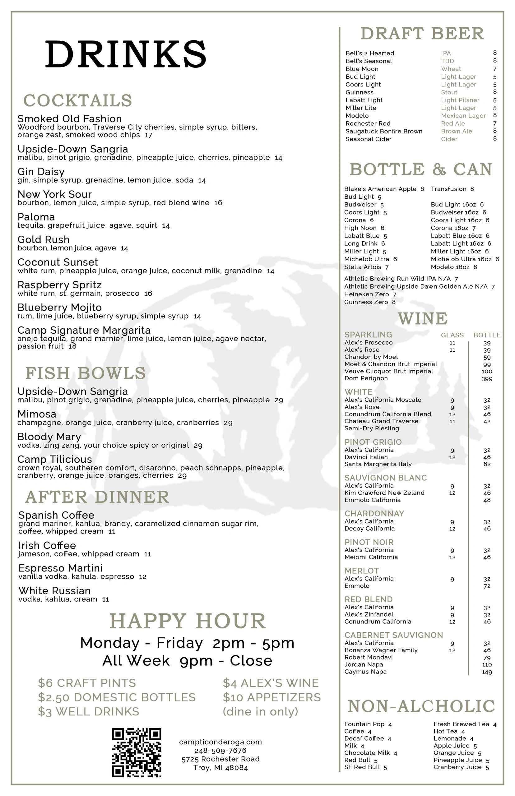 Drink menu with cocktails, draft beer, wine, and non-alcoholic options.