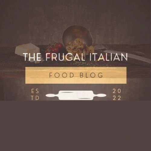 Logo for The Frugal Italian food blog with rustic food elements.