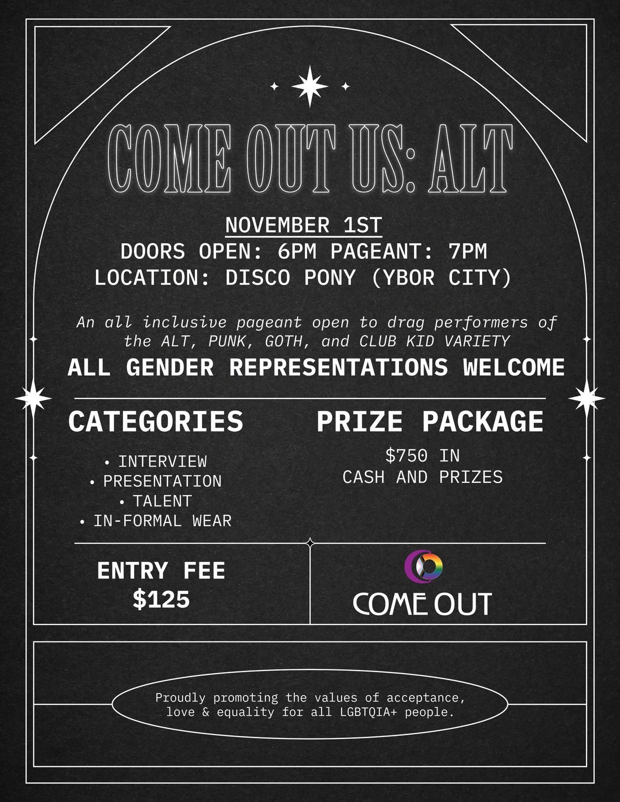 Poster for an inclusive drag performers pageant called COME OUT US: ALT.
