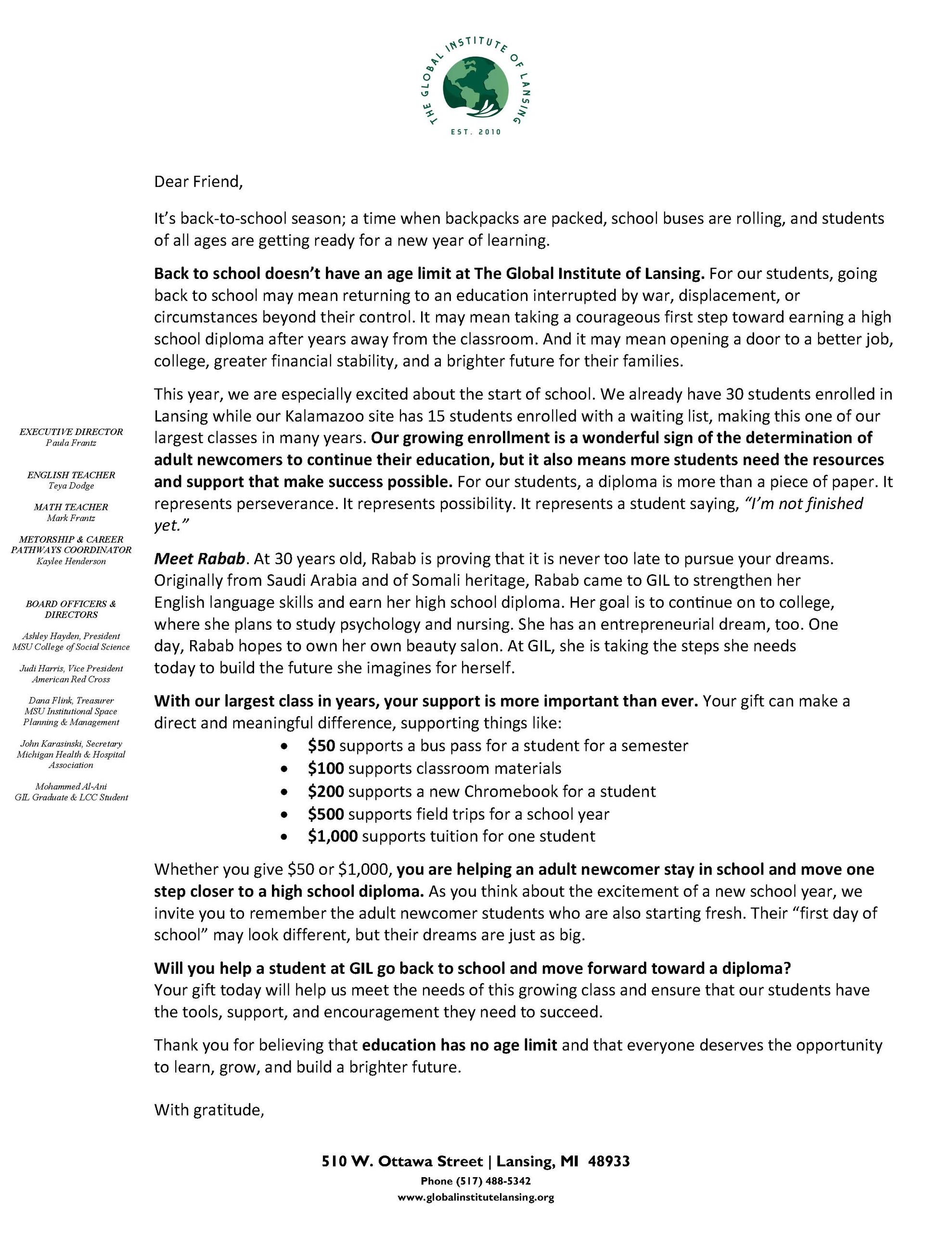 Letter from The Global Institute of Lansing about adult education and enrollment support.