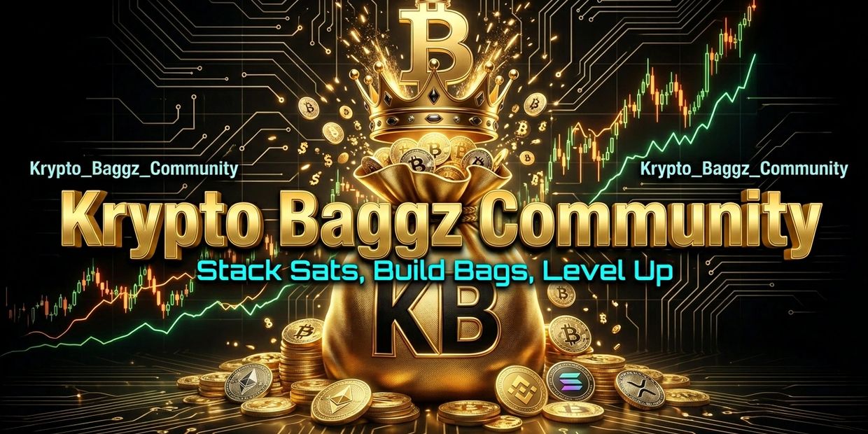 Gold-themed crypto community banner with Bitcoin crown and rising chart.