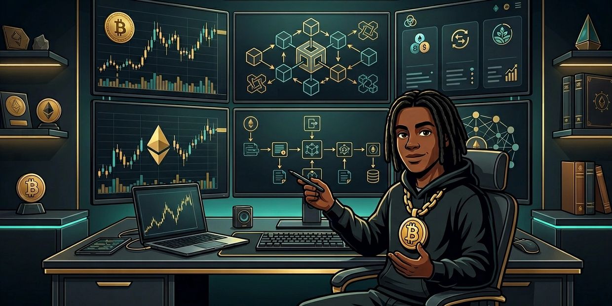 A person explains cryptocurrency concepts with charts and blockchain visuals in a tech-filled room.