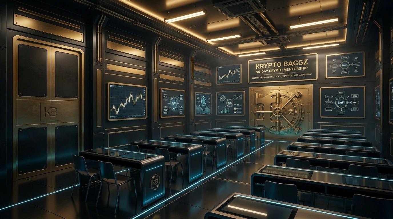 Futuristic crypto mentorship classroom with sleek black and gold design and digital charts.