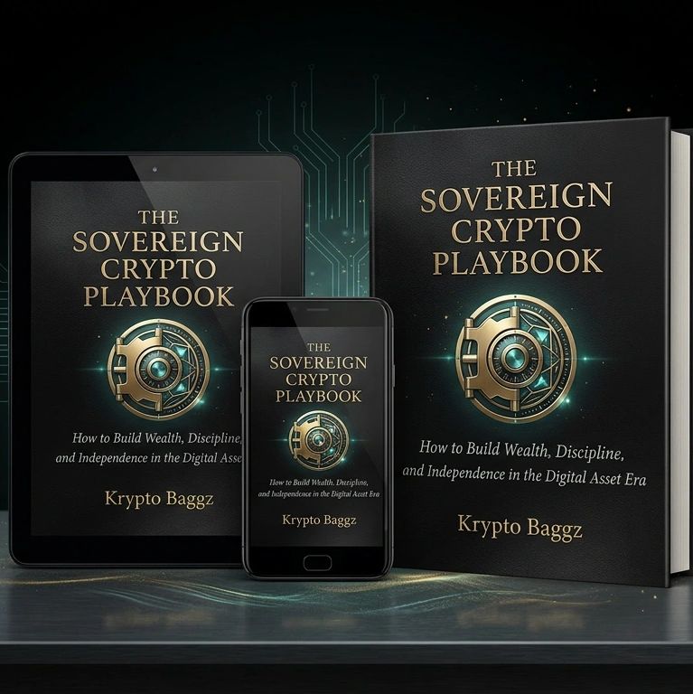 The Sovereign Crypto Playbook displayed on a tablet, smartphone, and hardcover book.