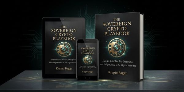 The Sovereign Crypto Playbook displayed on a tablet, smartphone, and hardcover book.