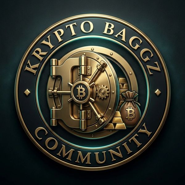 Golden emblem of Krypto Baggz Community with a vault and Bitcoin symbols.
