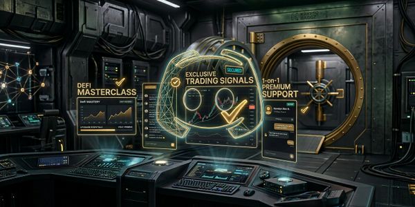 Futuristic trading room with holographic DeFi masterclass and trading signals.