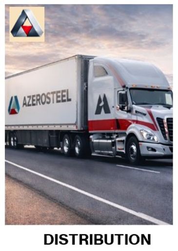 A large Azerosteel distribution truck driving on a highway at sunset.