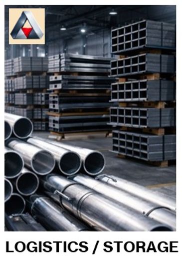 Industrial warehouse storing metal pipes and rectangular steel tubes.