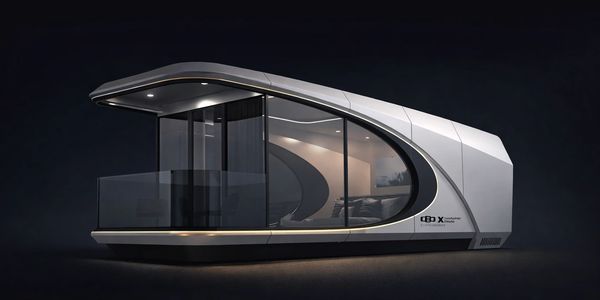 Sleek futuristic modular living pod with curved glass and white exterior.
