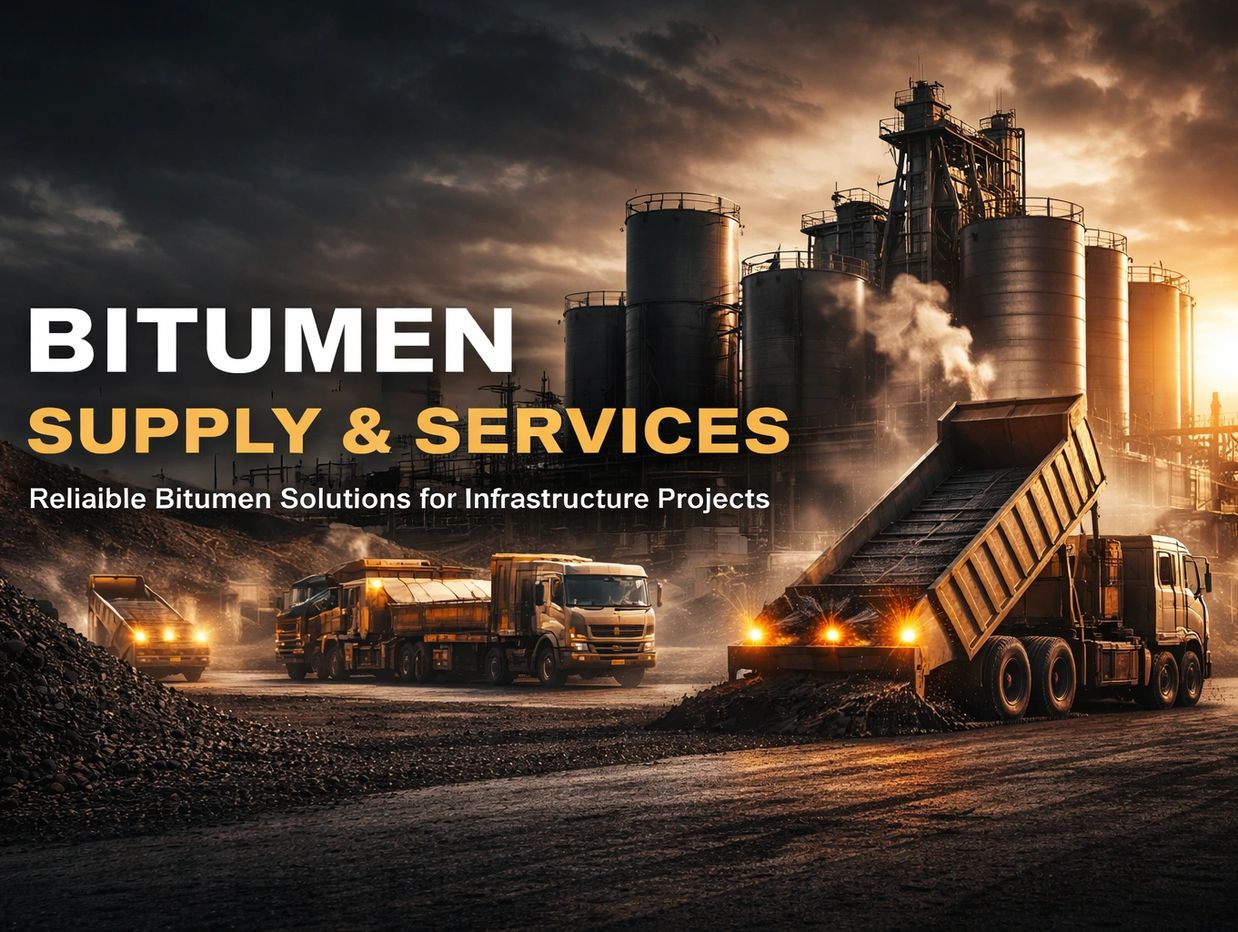 Industrial bitumen supply with heavy trucks at sunset.