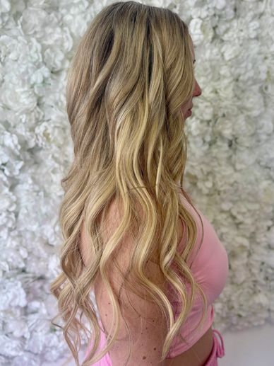 long blonde kovi weft and k tip hair extensions side profile length fort lauderdale