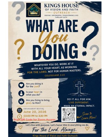 Inspirational flyer encouraging work for the Lord with a Bible verse and event details.