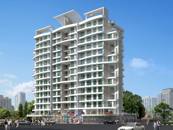 Modern multi-story residential building under blue sky.