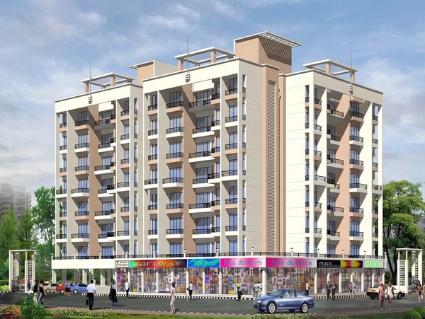 Modern apartment complex with retail shops on the ground floor.