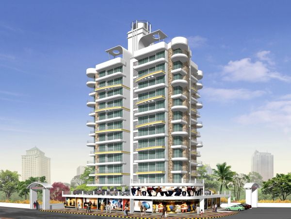Modern high-rise residential building with shops at ground level.