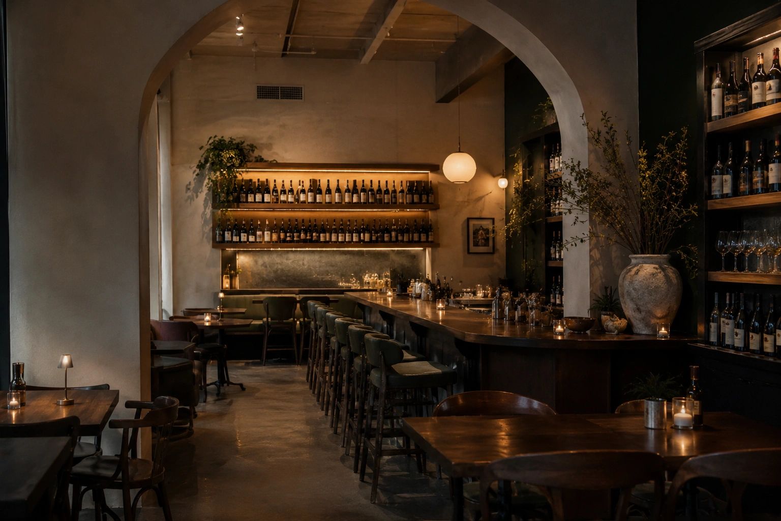 Cozy dimly-lit bar with wooden furniture and bottles on shelves.
