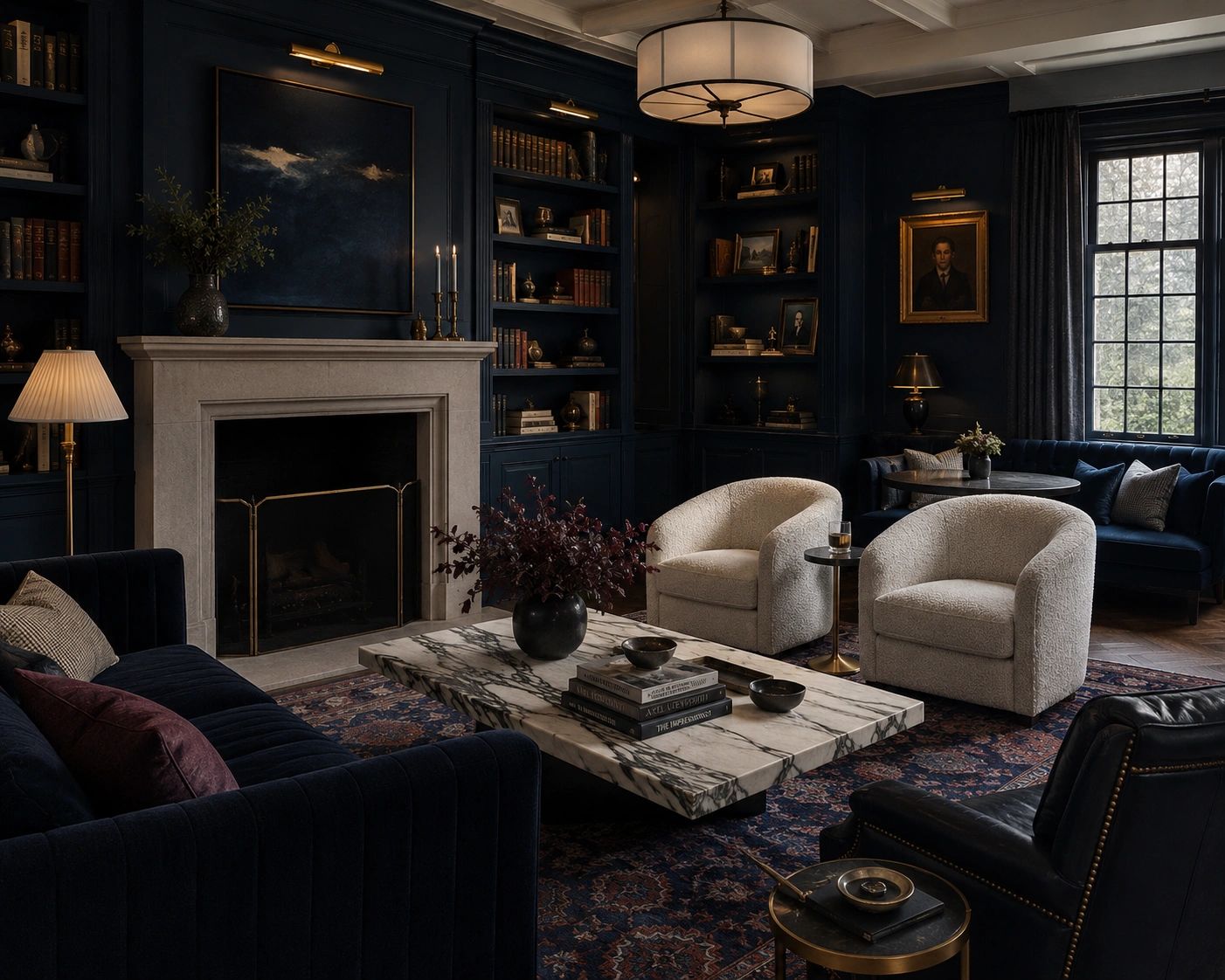 Elegant dark-toned living room with plush seating and a marble coffee table.