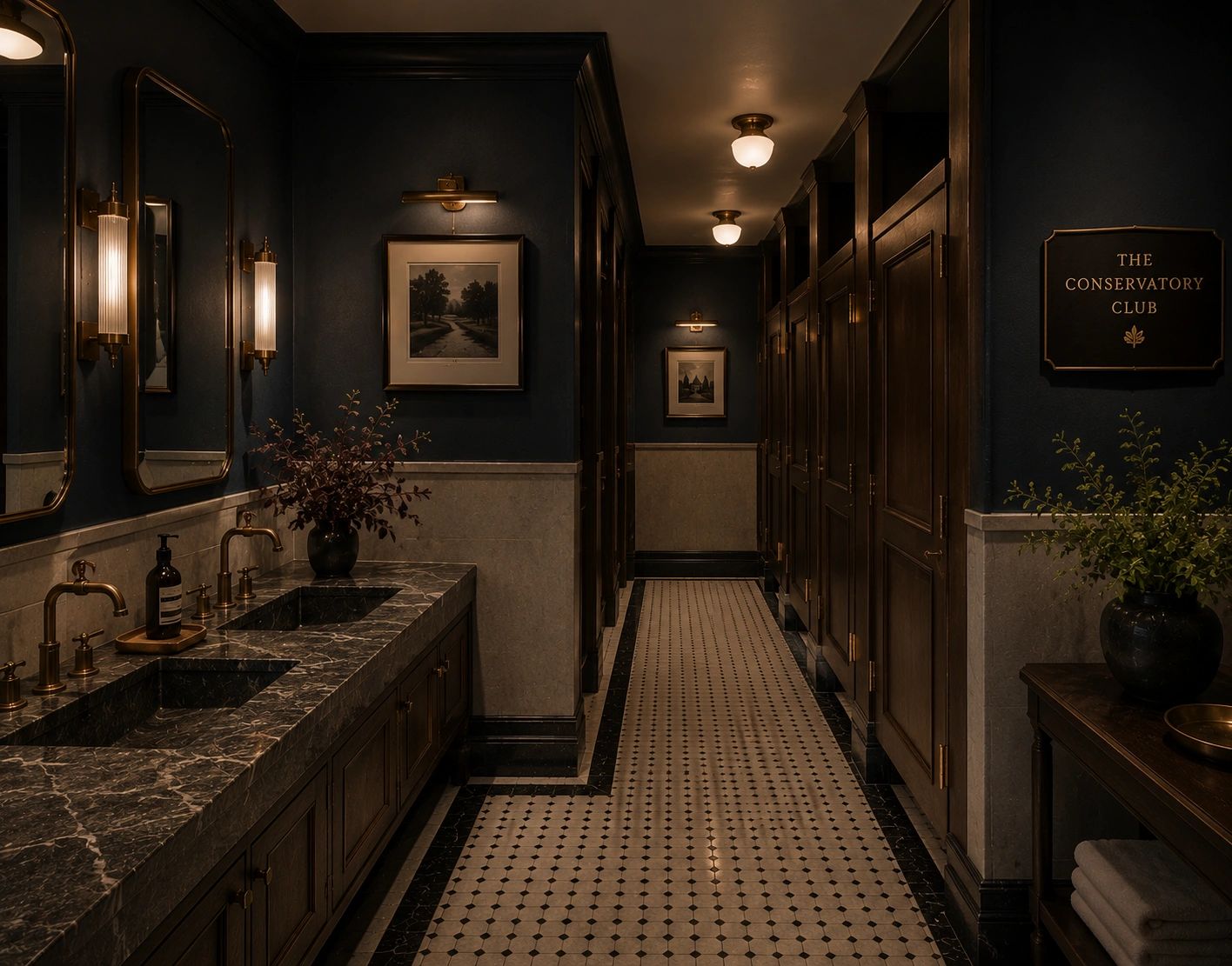 Elegant, dimly lit restroom with marble sinks and wooden stalls.