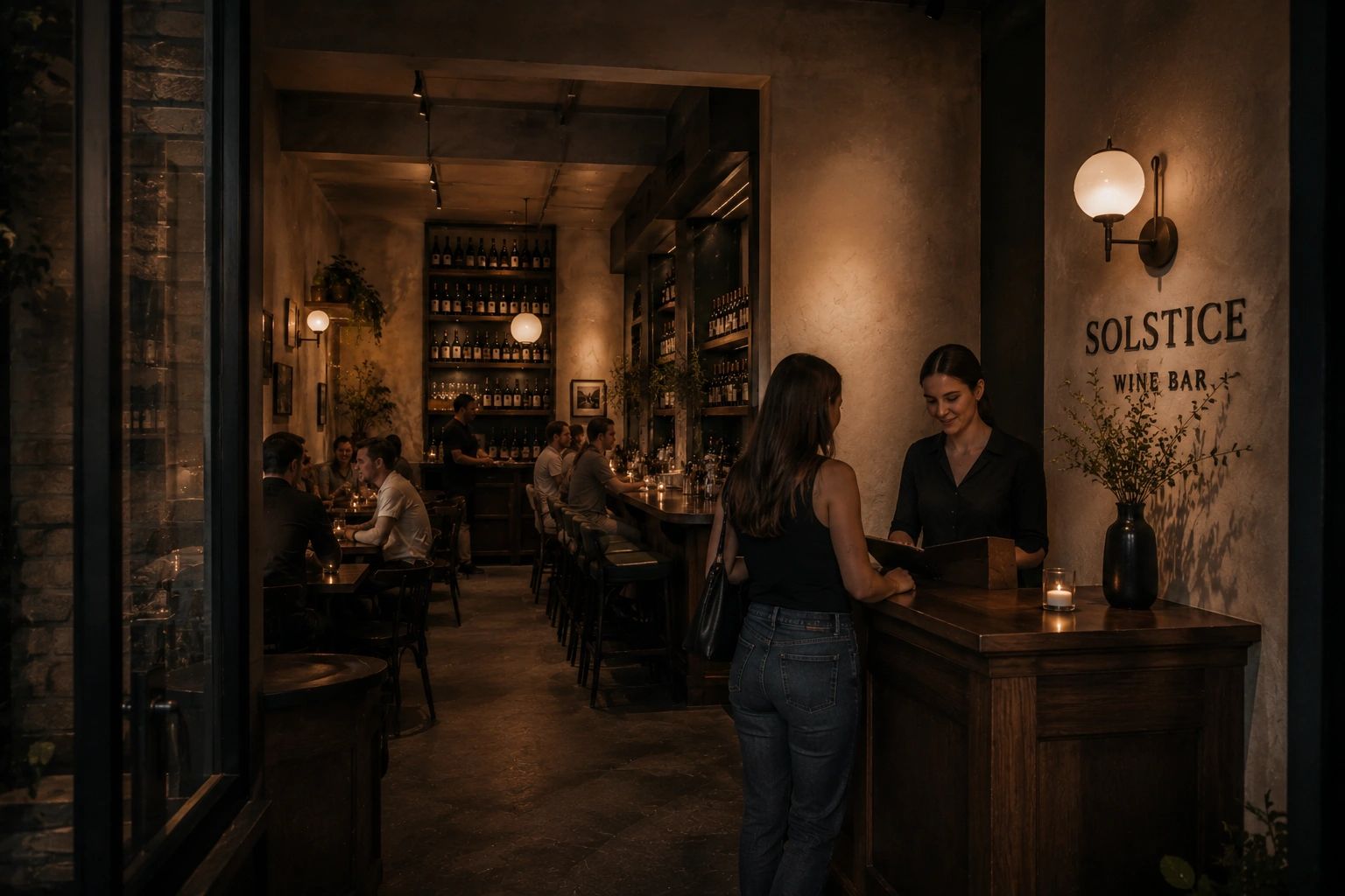 Cozy dimly lit wine bar with patrons and a hostess at the entrance.