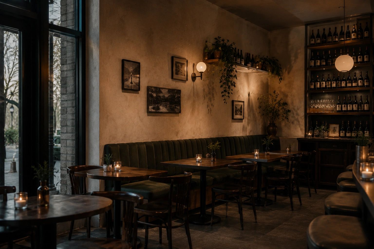 Cozy dimly lit wine bar with wooden tables and candles.