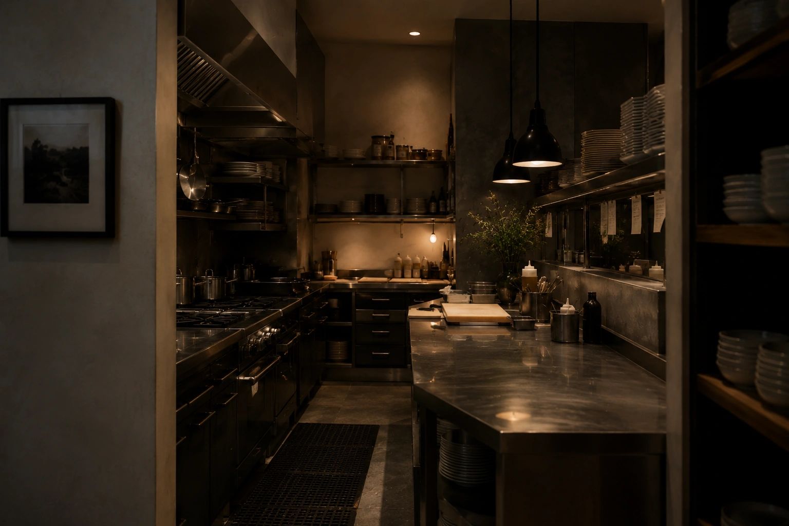 Dimly lit, organized professional kitchen with stainless steel counters and shelves.
