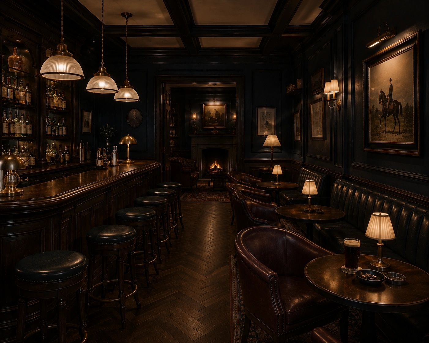 A cozy, dimly lit vintage bar with leather stools and a roaring fireplace.