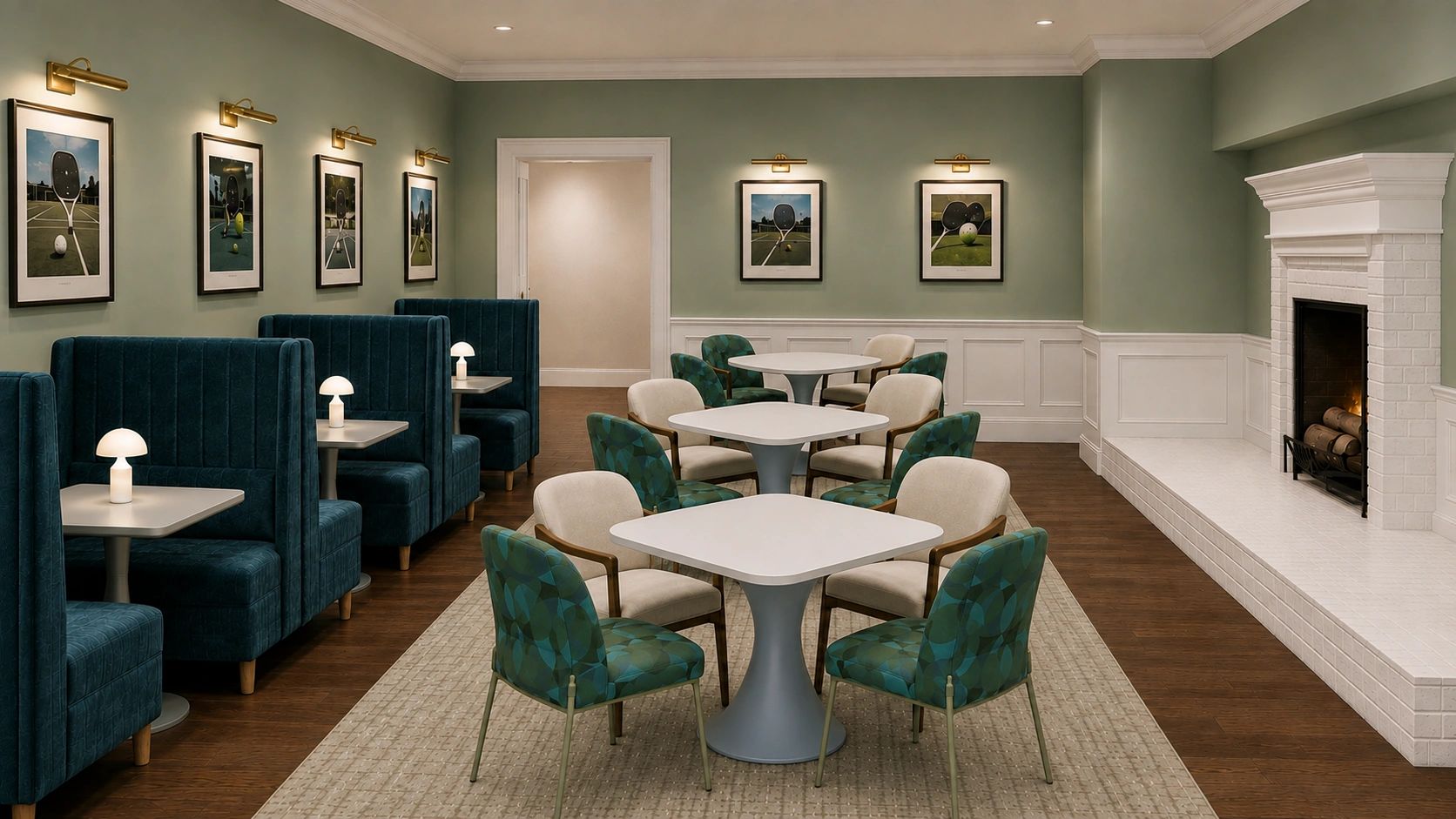 Elegant dining area with teal seating and fireplace.