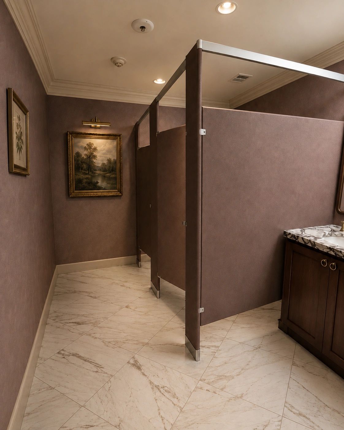 Elegant bathroom with marble tiles and framed artwork.
