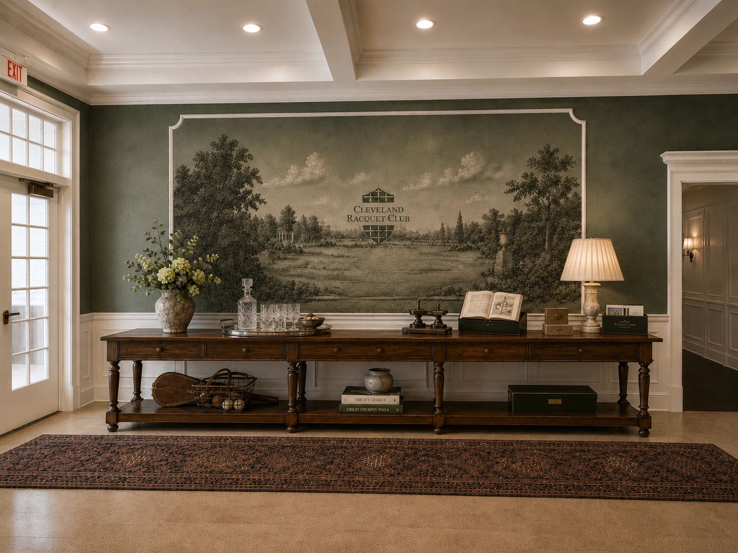 A vintage racquet club entrance hall with wooden furniture and decor.