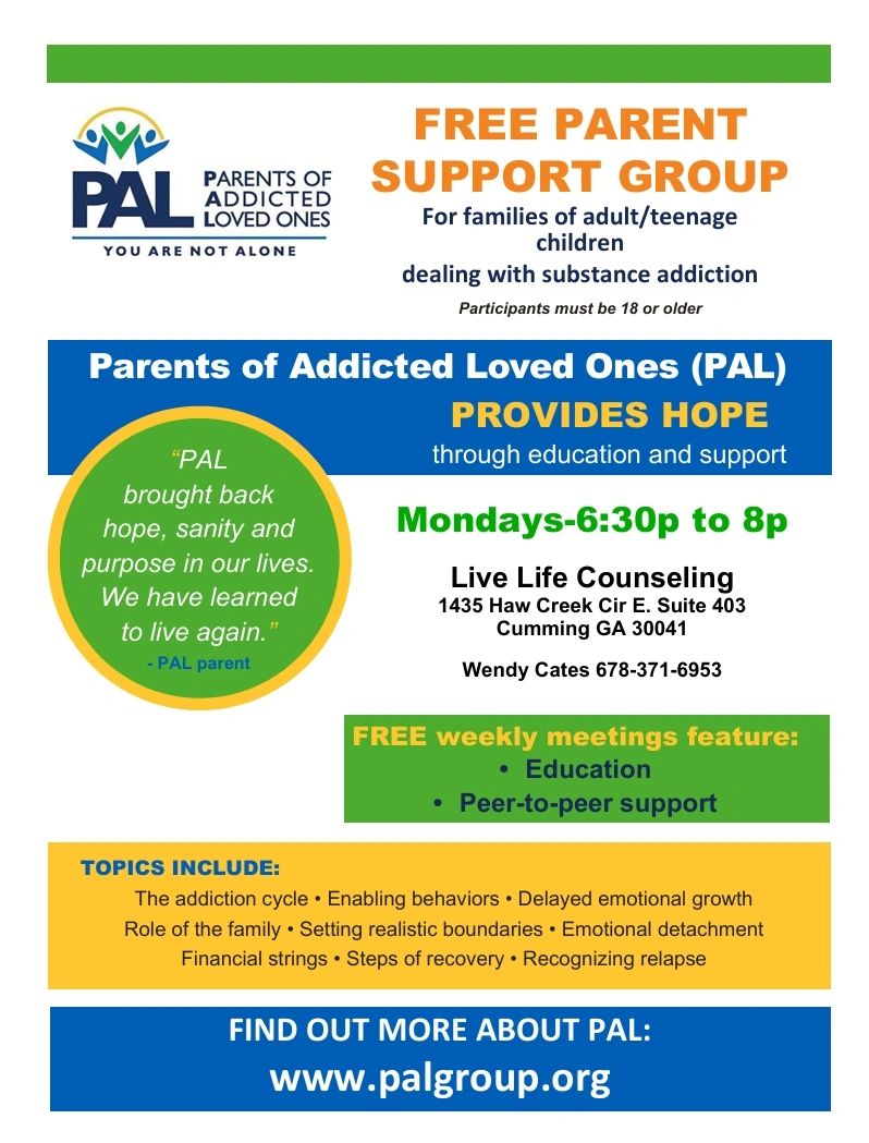 Flyer for a free parent support group for families dealing with substance addiction.