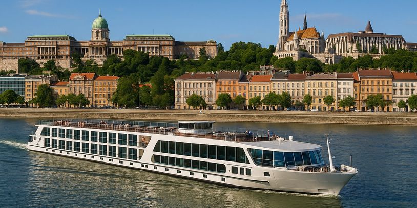 Modern river cruise ship sailing past historic buildings in a European city.