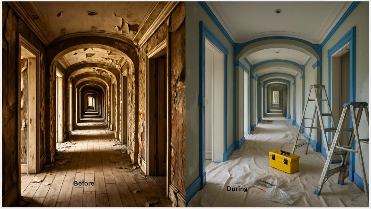 before remodel, during remodel, fuax finish