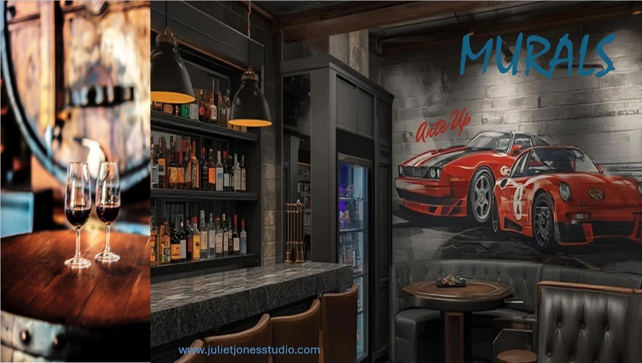 bar renovation, murals, race cars, cabinet maker, fabrication, design