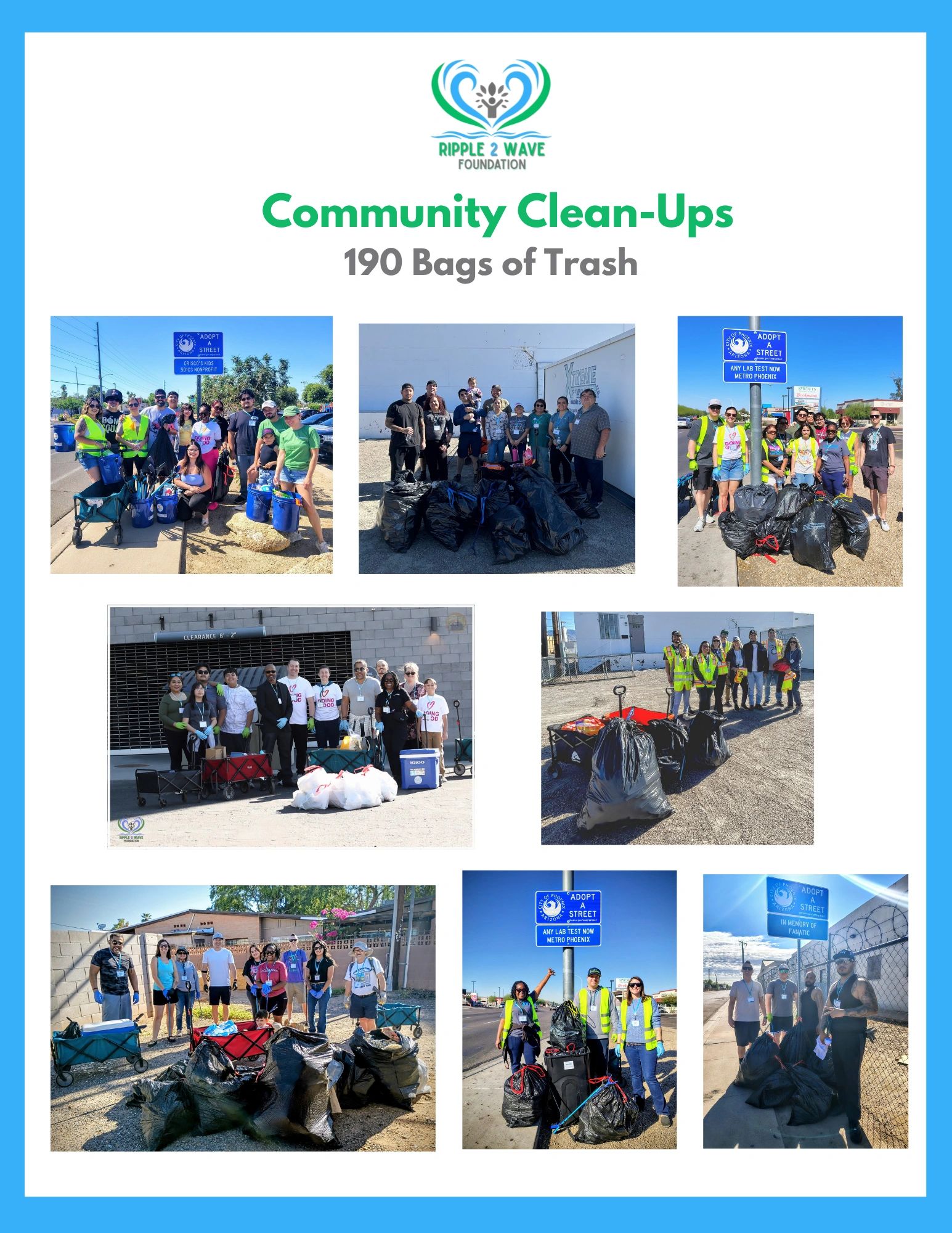 Community clean-up groups with collected trash bags.