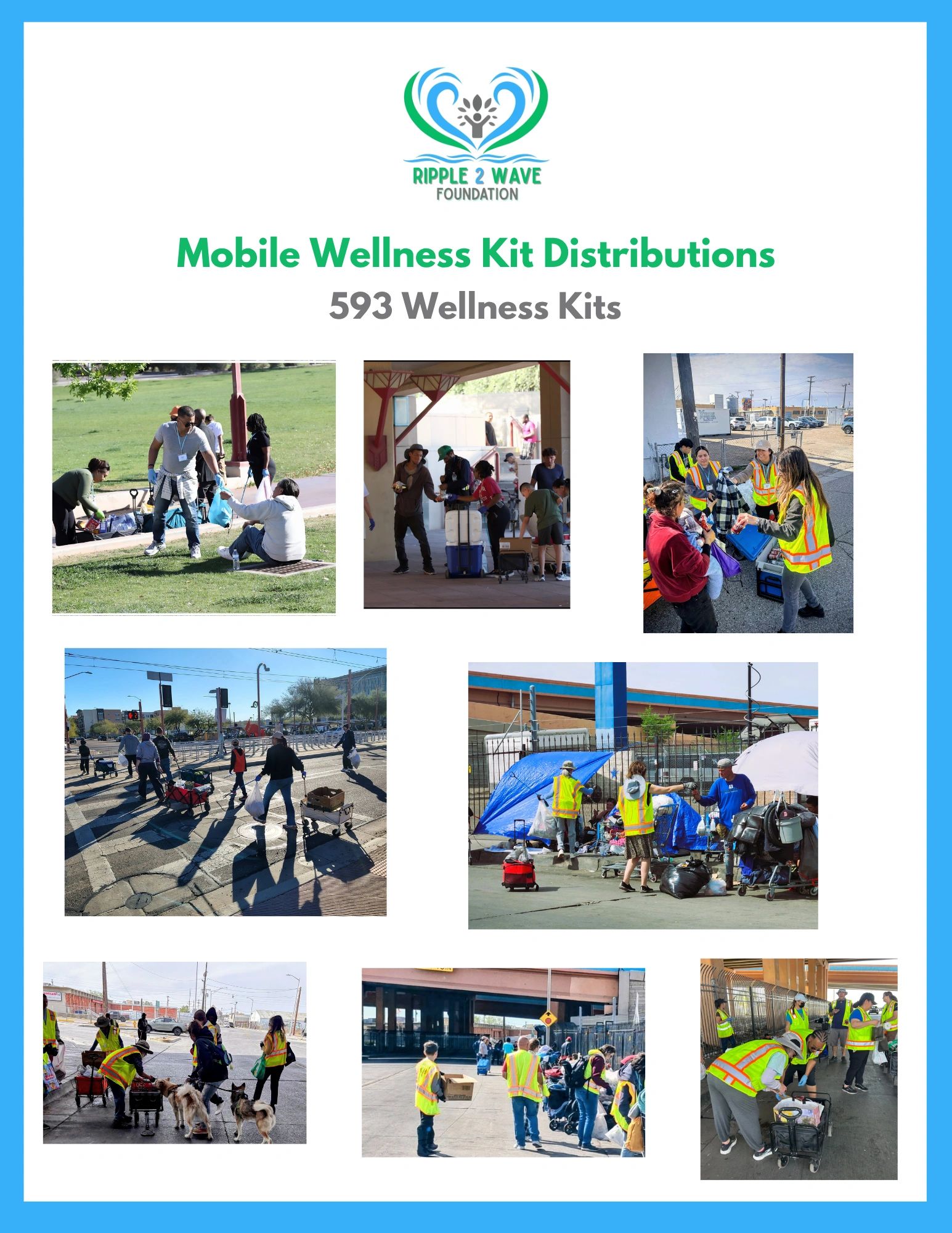 Volunteers distributing wellness kits to community members outdoors.