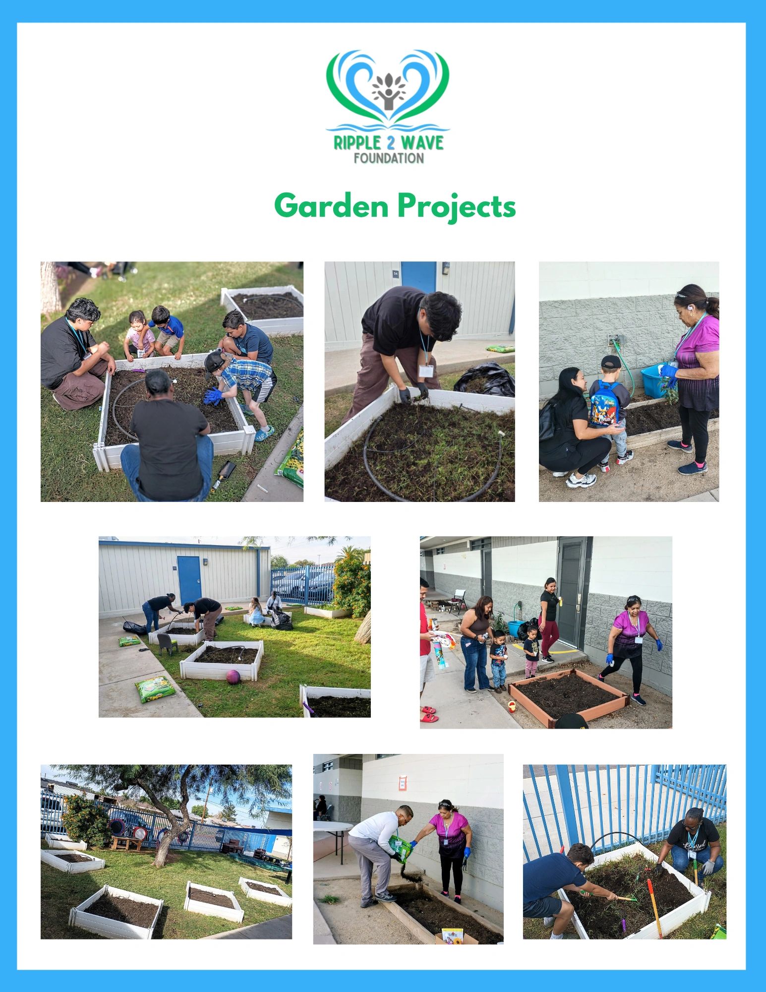 Community garden projects with people of all ages planting and preparing soil.