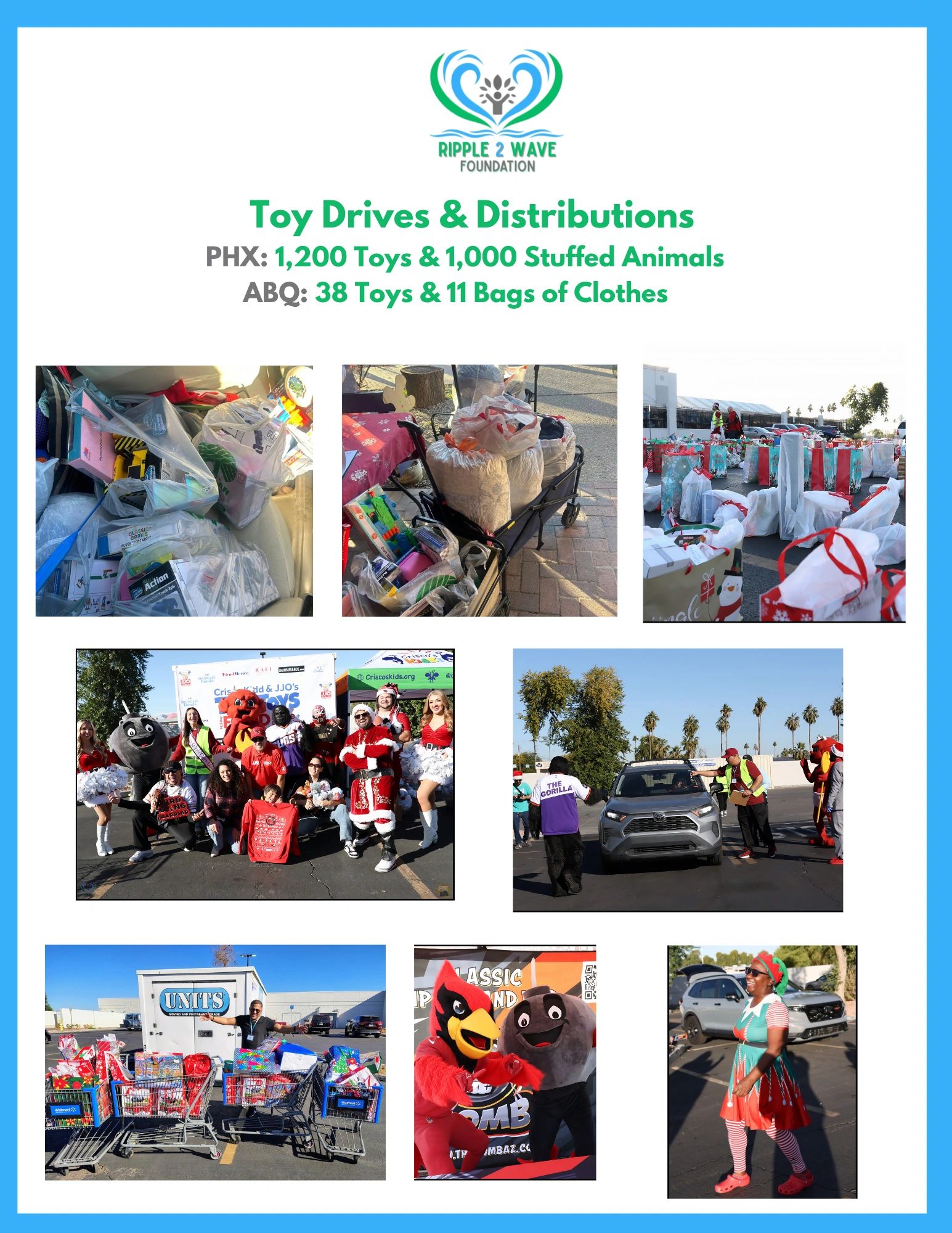 Toy drives and distributions by Ripple 2 Wave Foundation in PHX and ABQ.