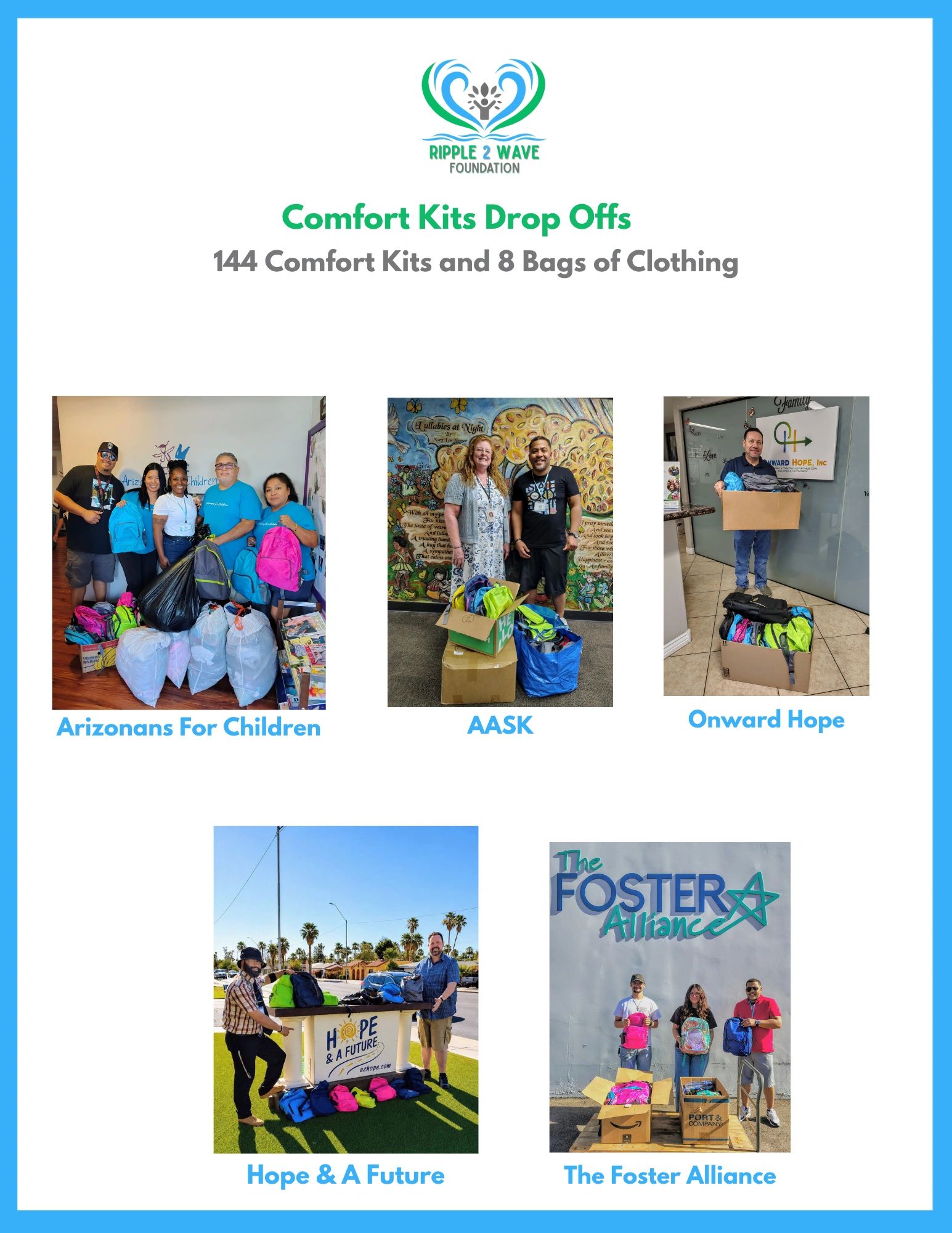 Comfort Kits drop offs by different organizations with backpacks and clothing bags.