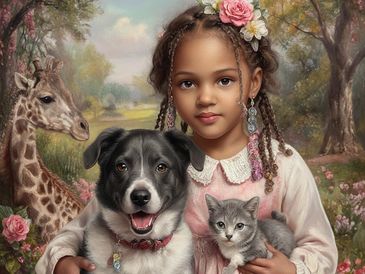 Photographs of dog, cat and little girl transformed into enchanting artwork 