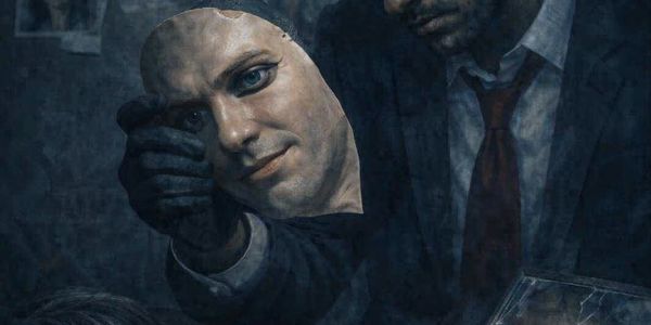 Man in gloves holding a realistic mask of a smiling face.