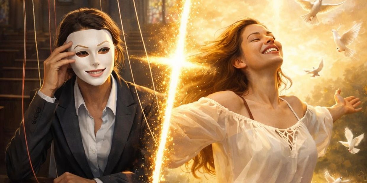 A woman removes a mask beside her joyful self surrounded by doves and sunlight.