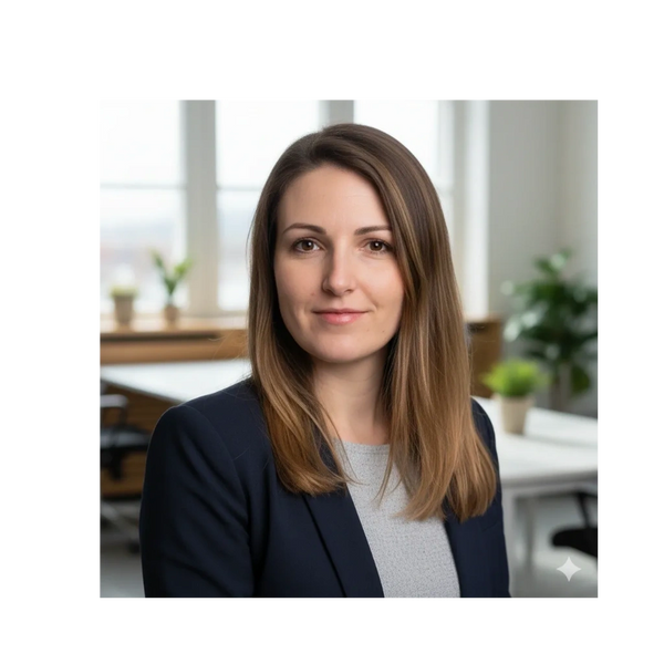 Professional woman with straight brown hair in a modern office setting.
